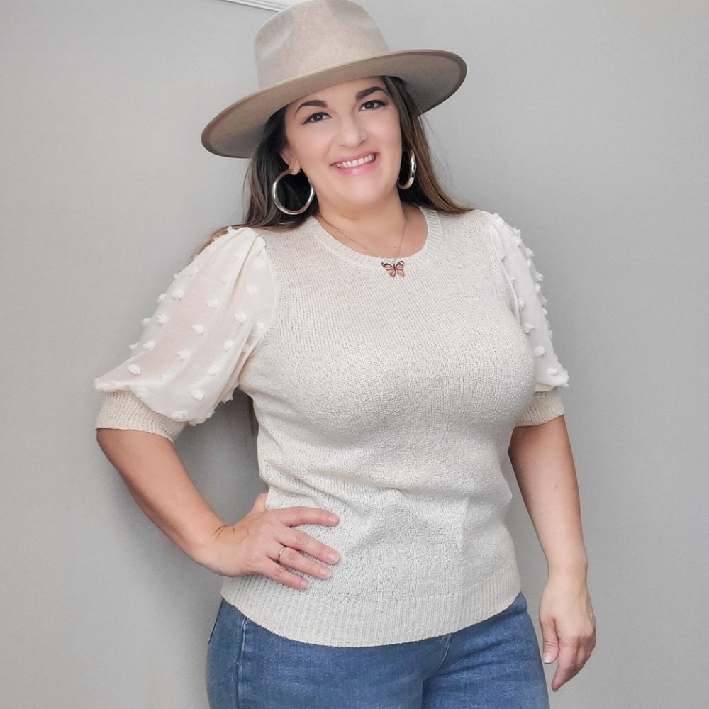 POM POM SHEER PUFF SLEEVES KNIT TOP